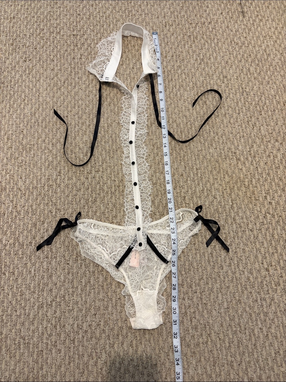Victoria's Secret Ivory Lace Halter Teddy with Black Ribbon Ties
